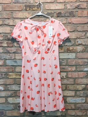 Belle Pogue Elegant Retro Pink Strawberry Midi Dress, Size 8-10?, NEW, nwt